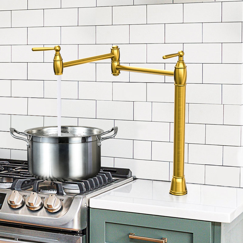 Deck Mount Pot Filler Faucet with 2 Handle, Brushed Gold