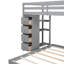 Lit superposé simple au-dessus d'un lit double avec espace de rangement supplémentaire - tablettes grises, tiroirs et escaliers à 3 niveaux pour améliorer l'utilisation de la chambre à coucher