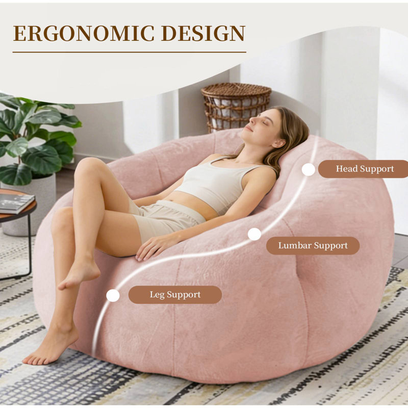 48"W Giant Bean Bag Chair Large Bean Bag Sofa,Soft Fluffy Faux Fur Beanbag Couch,Compressed Packaging, Pink Faur Fur