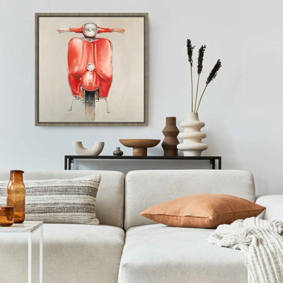Small Red Moped Canvas | Red Transportation Motorcycle Art