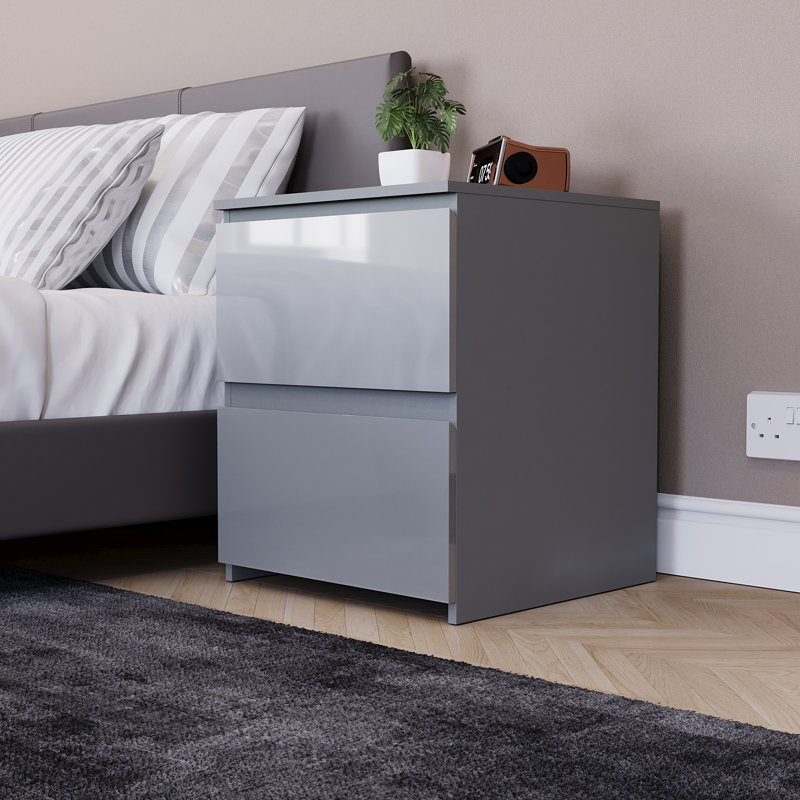 Oslo 2 Drawer High Gloss Bedside Chest (FSC 100%) Bedroom Home Bedside Furniture, Grey