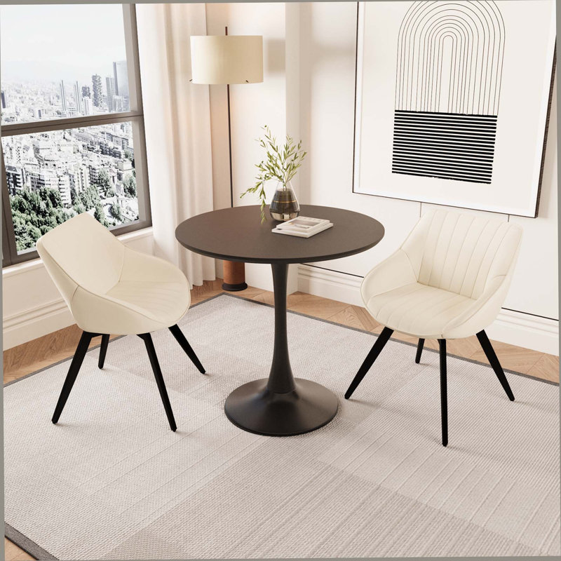 Ensemble de table de salle à manger 31,5 "en bois aggloméré noir, table de salle à manger Tulip et 2 chaises décoratives en cuir artificiel avec pieds en métal noir, ensemble de table de salle à manger et de chaises pour 2 à 4 personnes