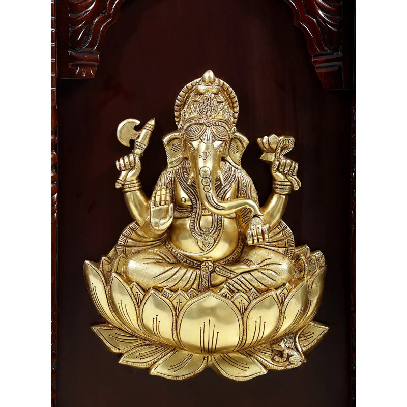 39.5" Hand-Carved Wooden Temple Wall Panel with Brass Ganesha & Lakshmi Idols – Traditional Indian Religious Wall Art​