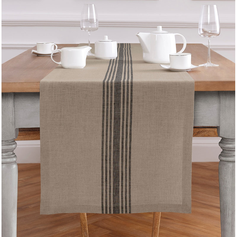 Farmhouse - 100% Pure Linen Table Runner, 72" x 14", Black/Natural