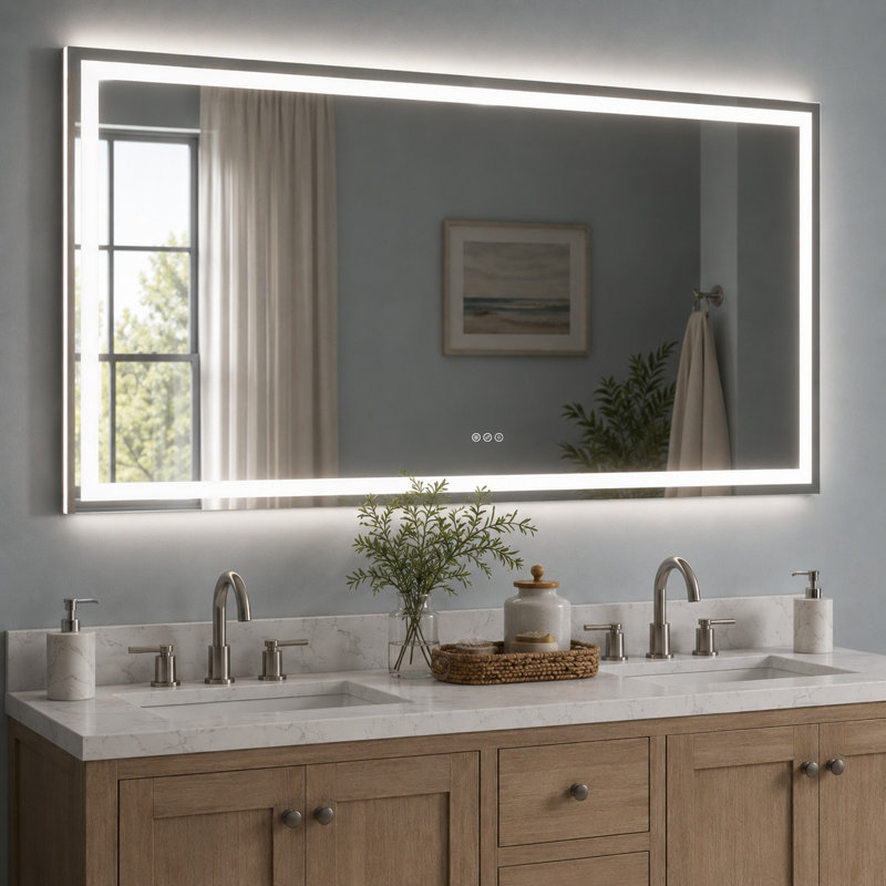 Iris 72 in. W x 36 in. H Rectangular Frameless LED Wall Bathroom Vanity Mirror in Silver, 36" x 72"