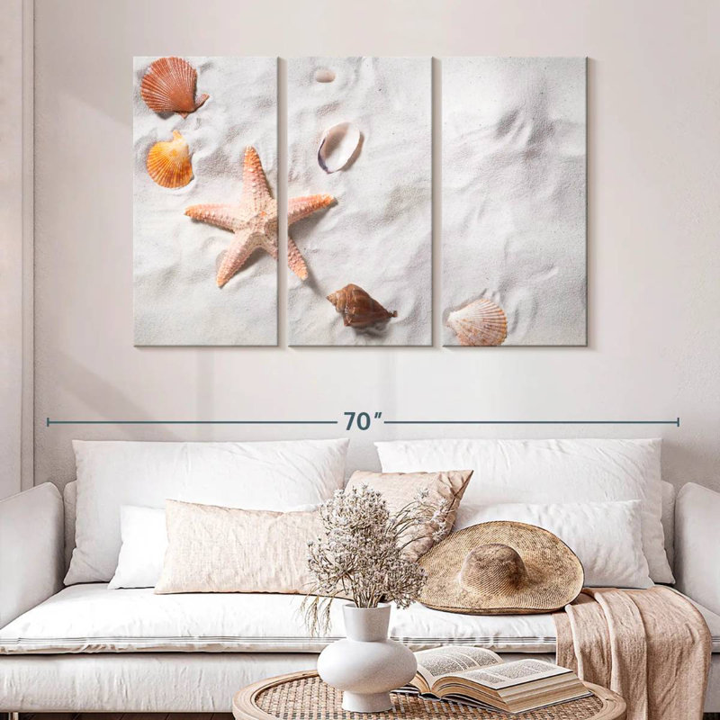 Plage, coquillages et étoiles de mer, H 32 po x l 50 po