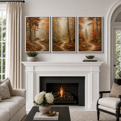 Autumn Forest Path Landscape Artwork, Living Room Pictures, Framed Canvas Giclee Print 3 Pieces Wall Art