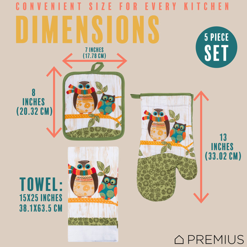 Owls Printed Cotton Kitchen Linen Set, 5 Pieces