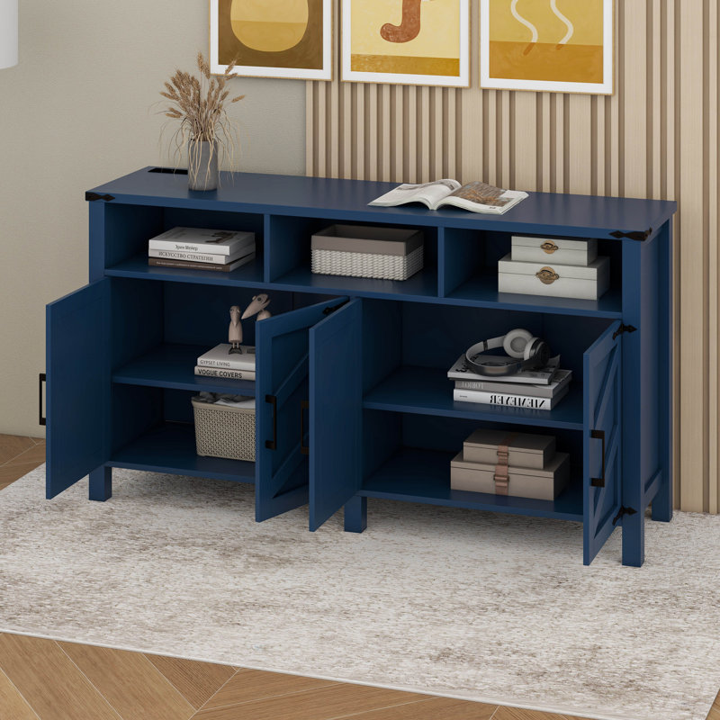 Modern 4-Door Sideboard Buffet With Adjustable Shelves And Half-Open Storage Cabinet, Navy Blue