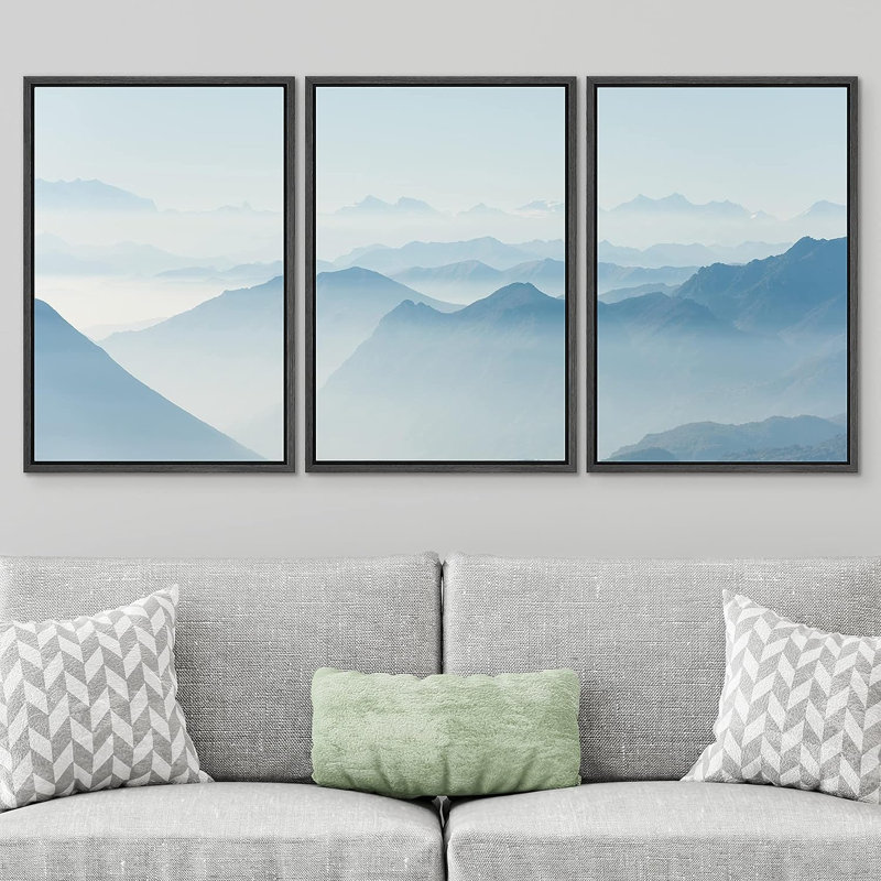 Abstrait paysage bleu gris montagnes couvertes de brume - ensemble de 3 reproductions de cadres flottants, Cadre noir