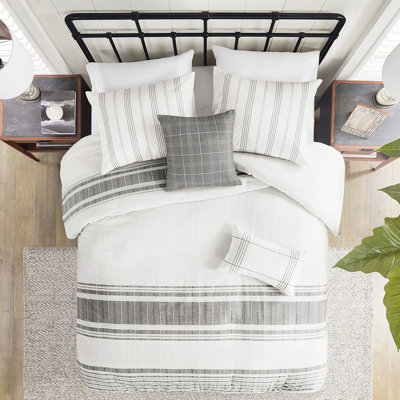 Housse de couette en coton 5 pièces très grand / très grand - rayures horizontales grises et blanches avec fermeture à glissière cachée Lavable à la machine Entretien facile sans vapeur