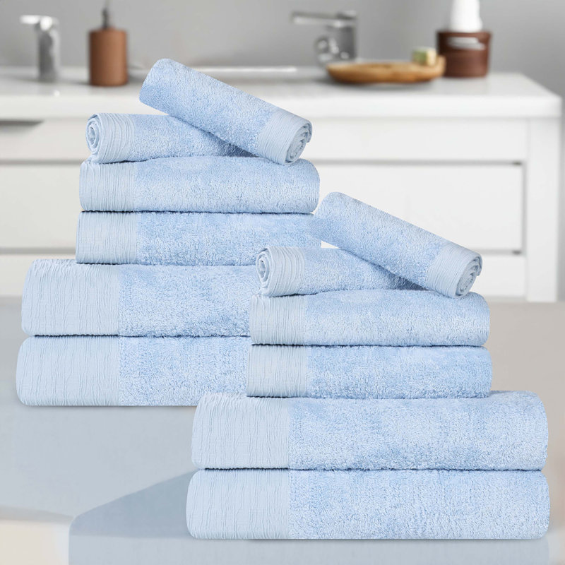 Rayon From Bamboo Cotton Blend Eco-Friendly Hypoallergenic Soft Solid Towel Set, 12 Piece Towel Set, Light Blue