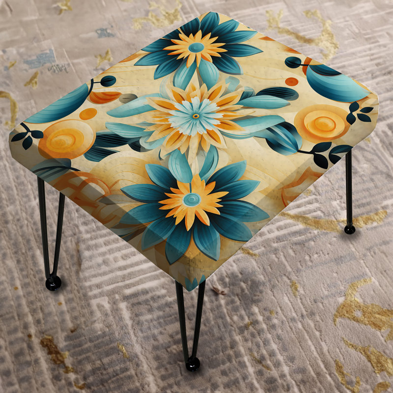 Kaléidoscope floral rétro bleu et beige avec repose-pieds rectangulaire rétro