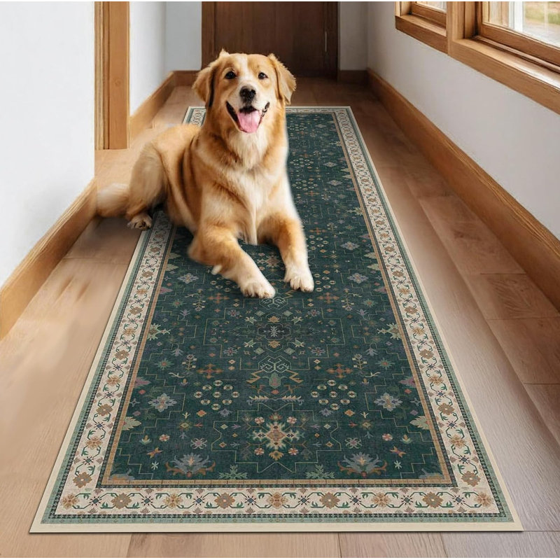 Tapis de couloir bohème vintage 76 cm x 244 cm, envers en caoutchouc antidérapant lavable, Vert foncé