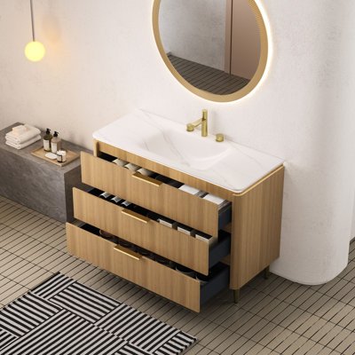 Meuble-lavabo blanc en pierre frittée blanche, armoire autoportante en contreplaqué de 48 po avec grille mince, 3 tiroirs, finition chêne, trous de robinet pré-percés, lavabo intégré avec éclairage automatique et chêne