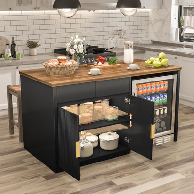 60.7" W Large Kitchen Island with Storage and Fridge Space, Modern Kitchen Bar Island Table and Dining Table with Drawers