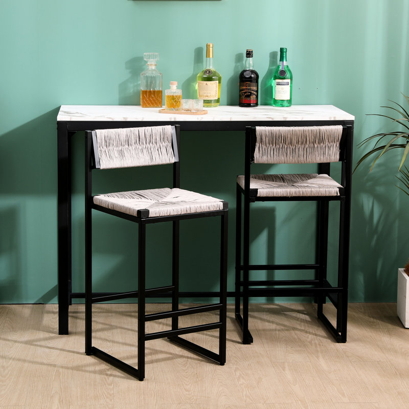 Tabourets de bar gris fabriqués à la main avec dossier, siège en corde de papier pour la maison et le bureau de 2 comptoirs - fabrication en métal. Espaces confortables