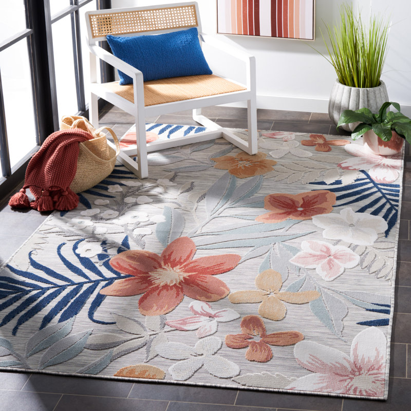 Seekonk Floral Gray/Rust/Navy Indoor / Outdoor Area Rug, Rectangle 5'1" x 7'6"
