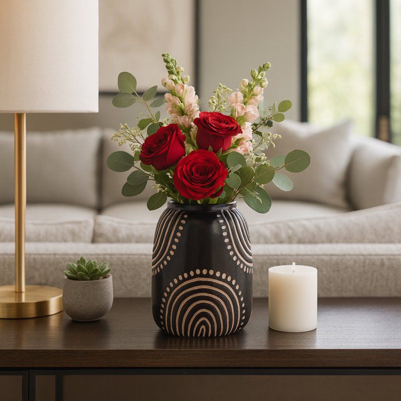 Modern Ceramic Table Vase with Arch Pattern for Tabletop Accent - Decorative Tall Flower Vase for Desks, Consoles, Entryway, and Home Decor