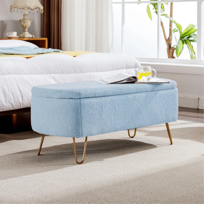 Toleen Storage Ottoman Bench for End of Bed Gold Legs, Modern Faux Fur Entryway Bench Upholstered Padded with Storage for Living Room Bedroom 
