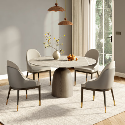 Ensemble de salle à manger 5 pièces rond en noyer foncé avec plateau gris 47 po et chaises rembourrées