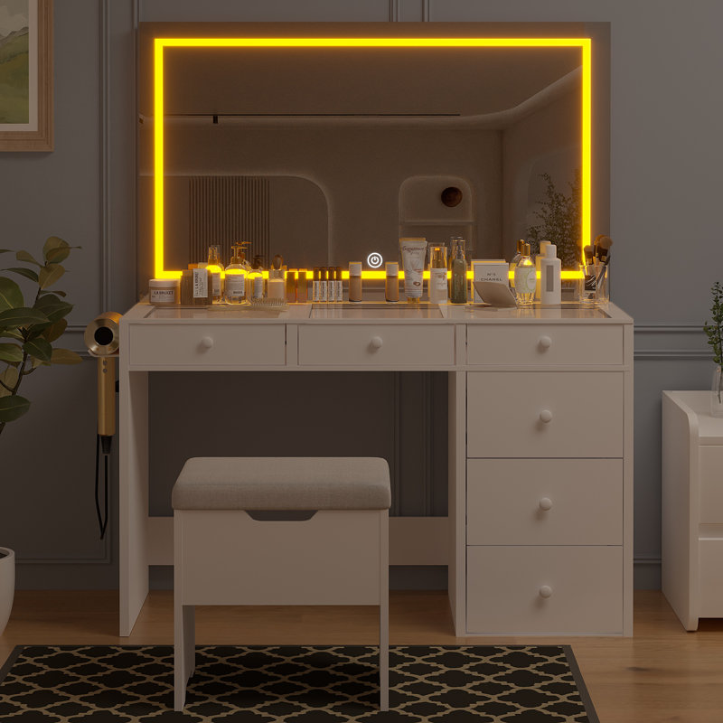Ensemble coiffeuse avec tabouret et miroir Maspeth
