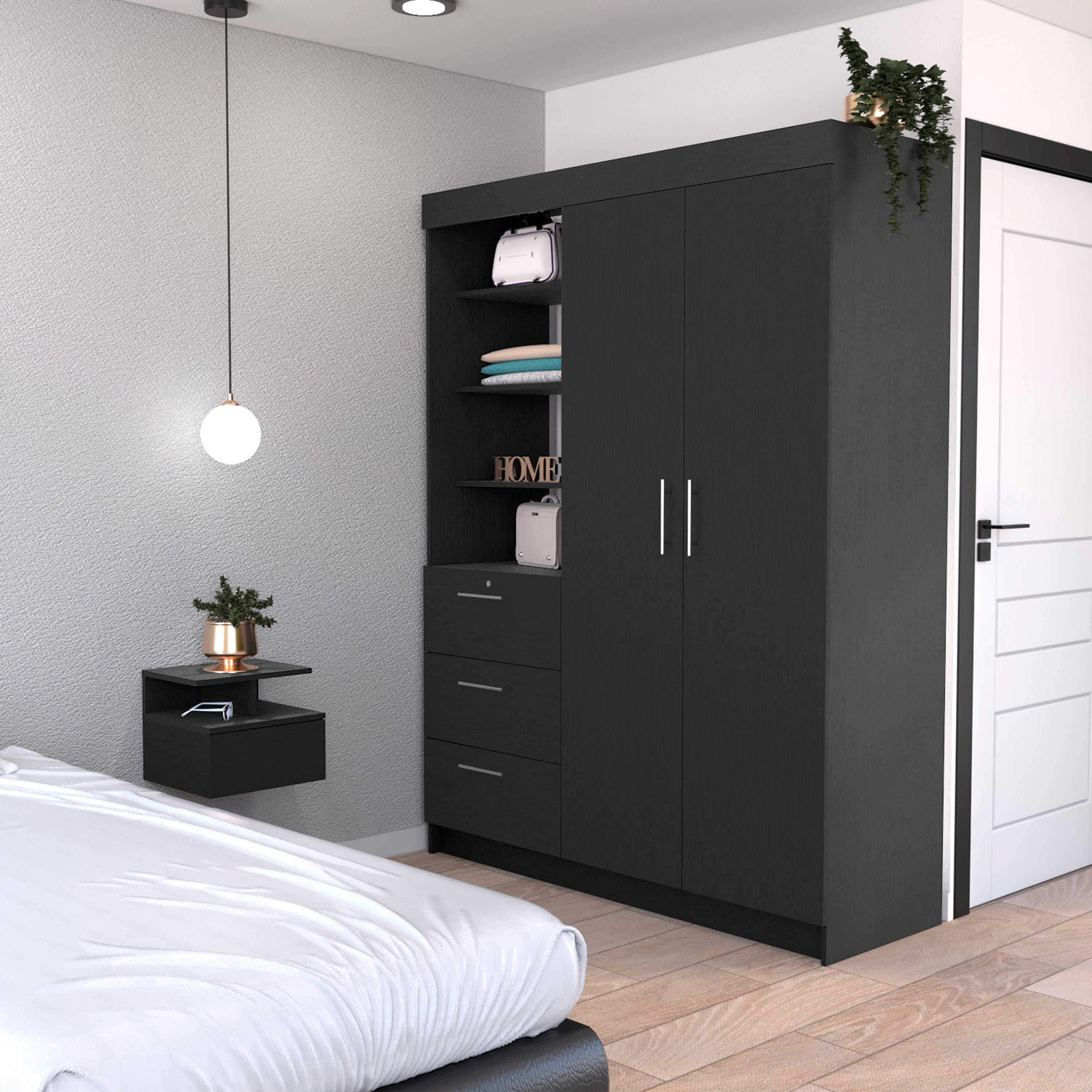 Ebern Designs Kenya 2 Piece Bedroom Set, Armoire + Nightstand, Black Wengue | Wayfair