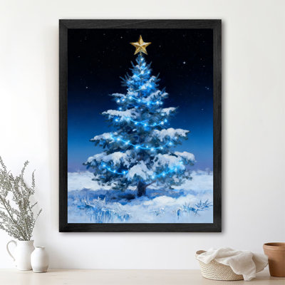 Arbre de Noël noir encadré noir dans un paysage enneigé, impressions encadrées de style rétro Merry Christmas