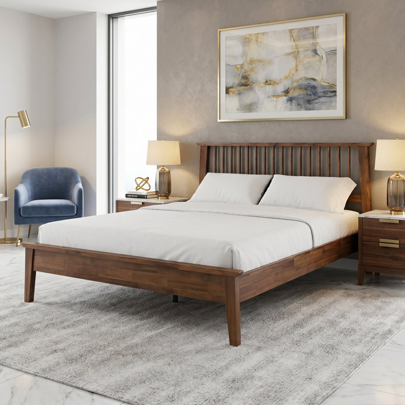 Yuma Full Size Bed Frame with Headboard & Footboard, Solid Wood Platform Bed, 12 Durable Slatted Structure with Metal Legs, Anti-Slip & Noise-Free, Walnut Finish