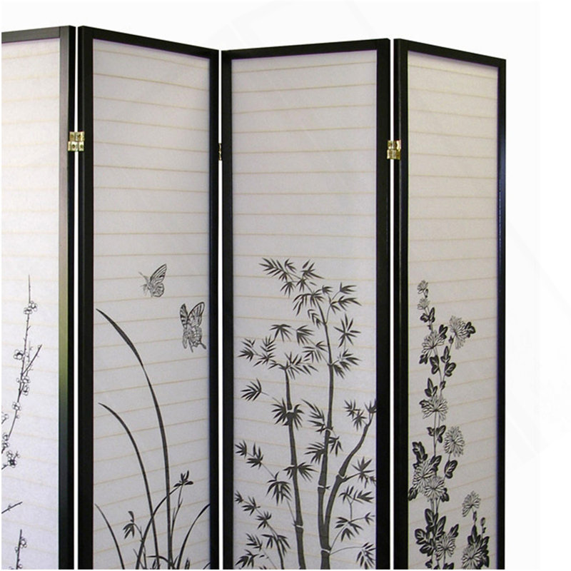 Paravent de 70 po de hauteur à 4 panneaux / paravent à motif floral avec finition noire
