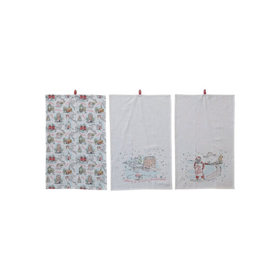Cotton Printed Tea Towel With Holiday Scene/Pattern, Saying And Loop