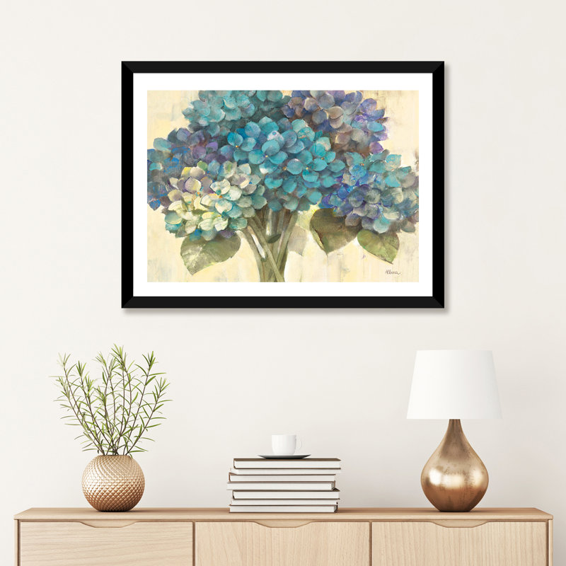 " Turquoise Hydrangea " by Albena Hristova, 24" H x 32" W x 1" D, Black Framed Paper