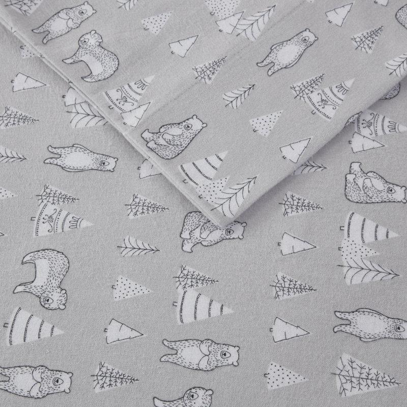 California King Gray Skiers Cotton Flannel Sheet Set