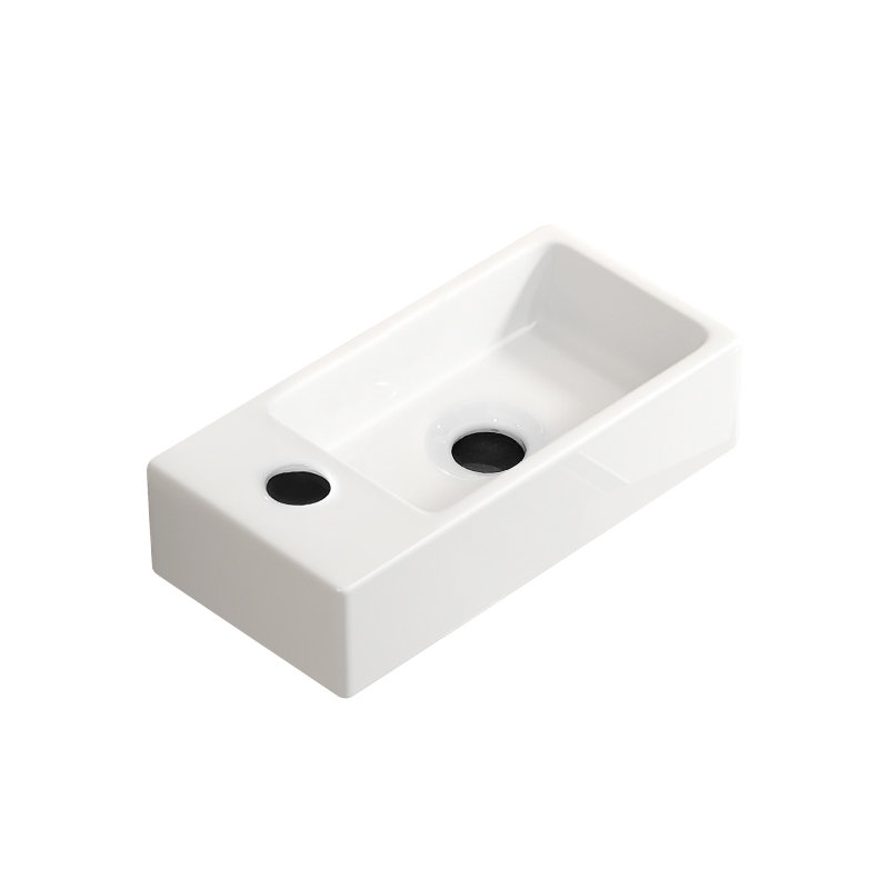 Lavabo mural à petite vasque rectangulaire en céramique avec lavabo à gauche, sans robinet ni bonde