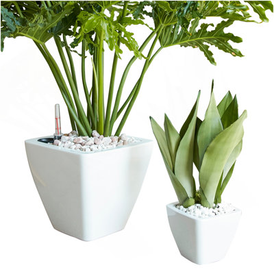 Ensemble de 2 pots à fleurs avec réservoir pour l'intérieur et l'extérieur - Blanc - Cône carré