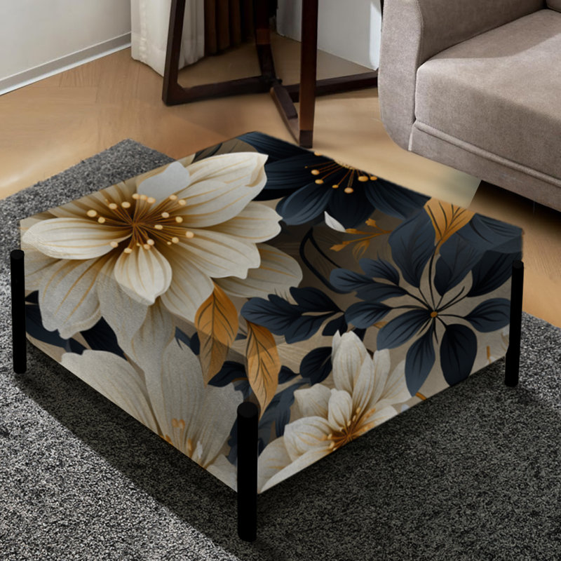 Motif de fleurs bleues et beiges à motif de chrysanthèmes I - grand repose-pieds carré floral