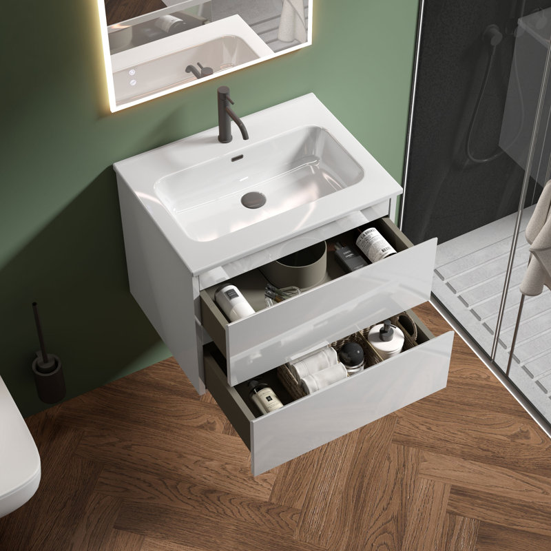 Meuble-lavabo simple 24 po avec comptoir en céramique avec trop-plein Kersha, pré-assemblé, Blanc, 24", Trou simple