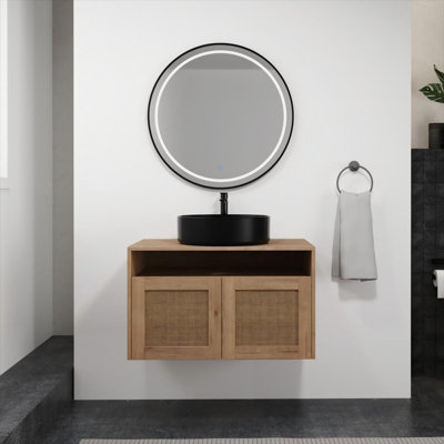 Meuble-lavabo de 30 po avec lavabo d'art en céramique blanche, 2 portes à fermeture douce, conception à fixation flottante, contreplaqué (emballage KD)