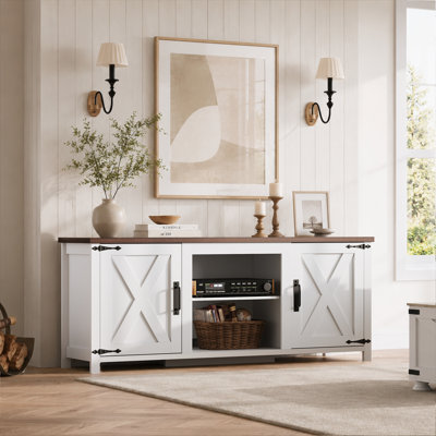 Meuble télé Modern Farmhouse pour téléviseur de 65 po ou moins, centre de divertissement avec portes de grange en forme de X, grande console multimédia avec tablettes réglables et trous de câbles pour le salon