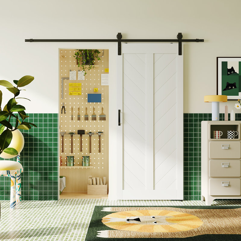 Porte de grange en bois en forme de V avec ensemble de quincaillerie, 48 po x 84 po, Blanc
