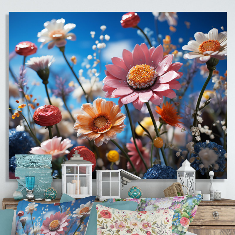 «Atzel Whimsical Wildflowers in Blue Sky», reproduction, H 34 po x l 44 po x P 1,5 po, Toile tendue
