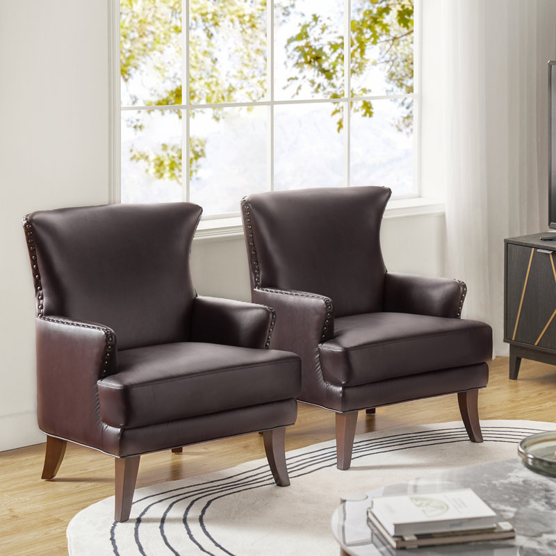 Awad Vegan Leather Wingback Armchair, Brown Faux Leather