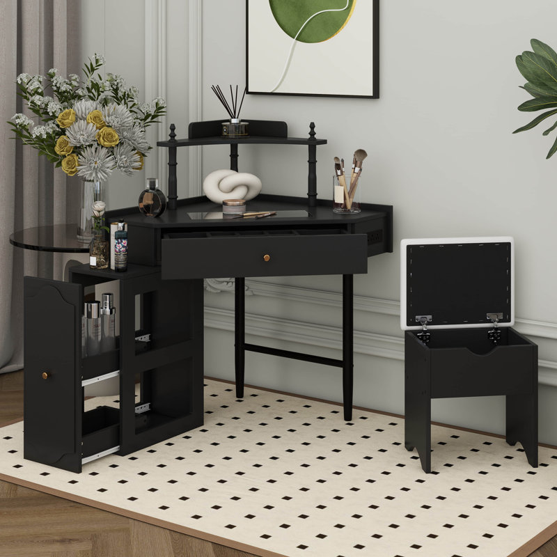Corner Makeup Vanity Desk With Stool And Charging Station, L-Shaped Glass Top Dressing Table With Removable Cabinet, Drawer And Storage Shelf