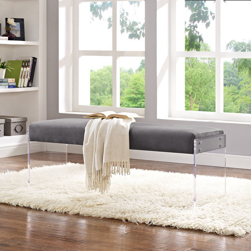 Gray Velvet Bench with Clear Acrylic Legs