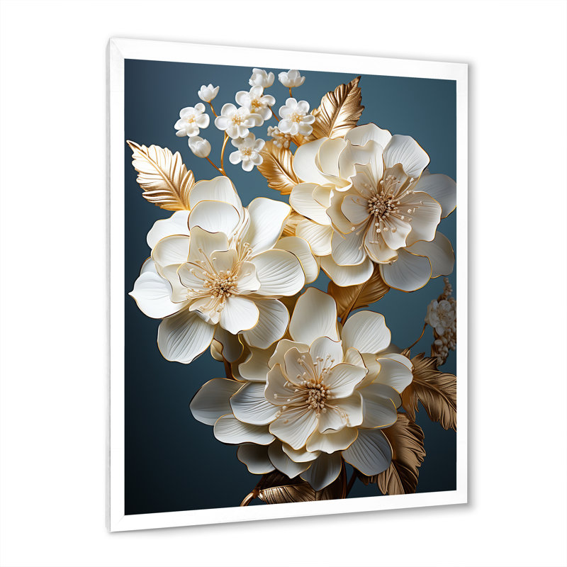 Décoration murale hortensia baroque blanc et or I - Hortensia, Cadre simple blanc, H 20 po x l 12 po x P 1 po