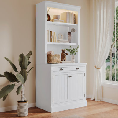 Bibliothèque de 83,4 po de hauteur, ensemble de bibliothèque avec éclairage à DEL, portes et tiroirs, ensemble de 2 pièces avec tablettes ouvertes, bureau à domicile,