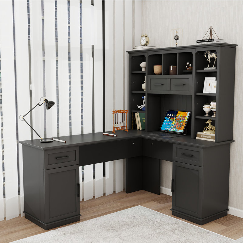 Modern L-shaped White Computer Desk For Home Office,wood Office Desk With Drawer And Bookcase, Black