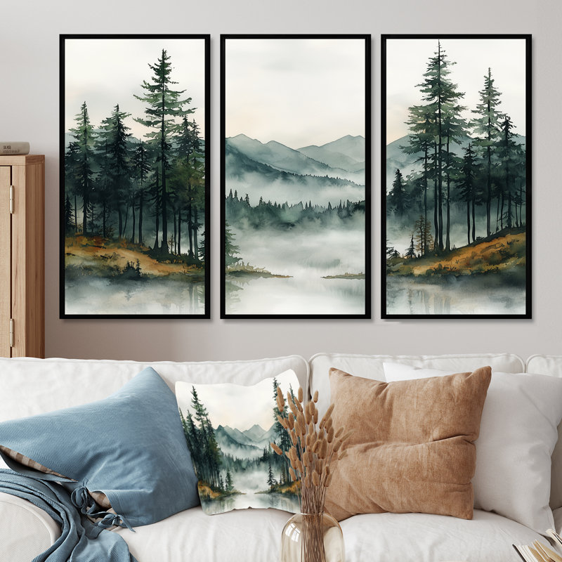 «Green Pine Trees Mist Morning I», ensemble d'art mural pin, Toile avec cadre flottant noir, H 40 po x l 60 po x P 1 po
