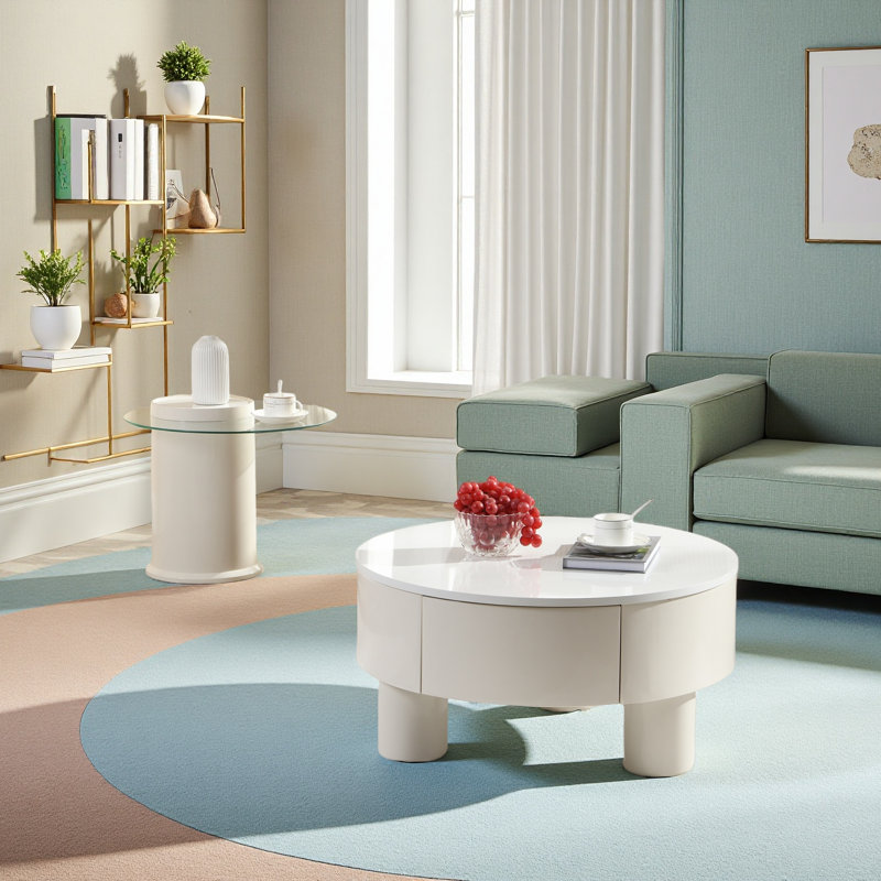 Round Nesting Coffee Table Set Of 2, Coffee Table With Storage Drawer, White Plastic Centre Table For Living Room