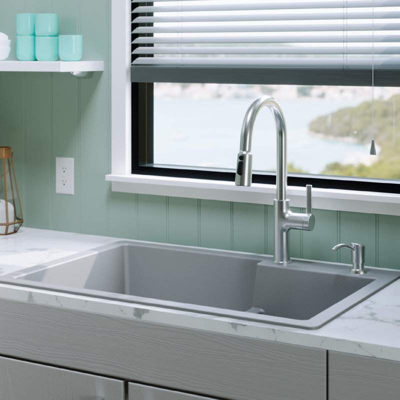 Évier de cuisine à double cuve à montage sur plan 33 po x 22 po 60/40 Karran Quartz, Gris